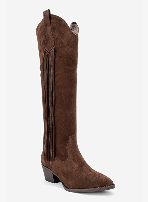RİOS Kahverengi Hakiki Deri Süet Püsküllü Kadın Kalın Topuklu Çizme - Görsel 4