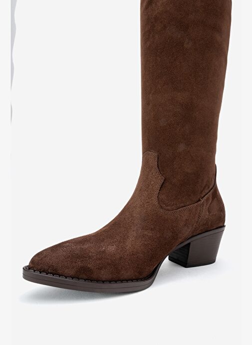 RİOS Kahverengi Hakiki Deri Süet Püsküllü Kadın Kalın Topuklu Çizme - Görsel 5