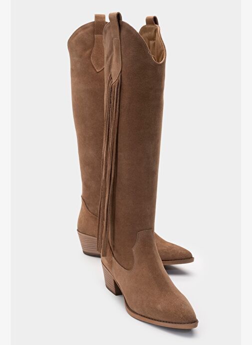 RİOS Toprak Hakiki Deri Süet Püsküllü Kadın Kalın Topuklu Çizme - Görsel 2