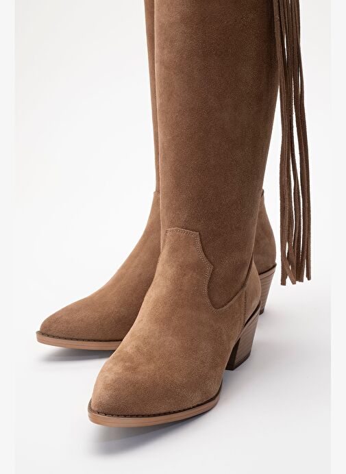 RİOS Toprak Hakiki Deri Süet Püsküllü Kadın Kalın Topuklu Çizme - Görsel 4