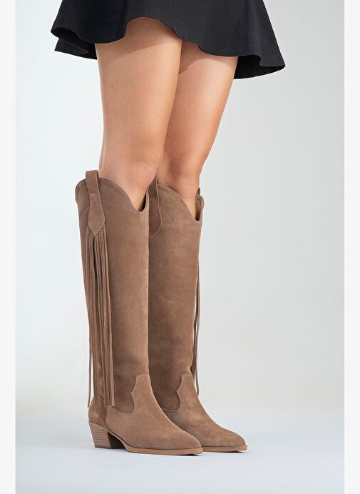 RİOS Toprak Hakiki Deri Süet Püsküllü Kadın Kalın Topuklu Çizme - Görsel 6