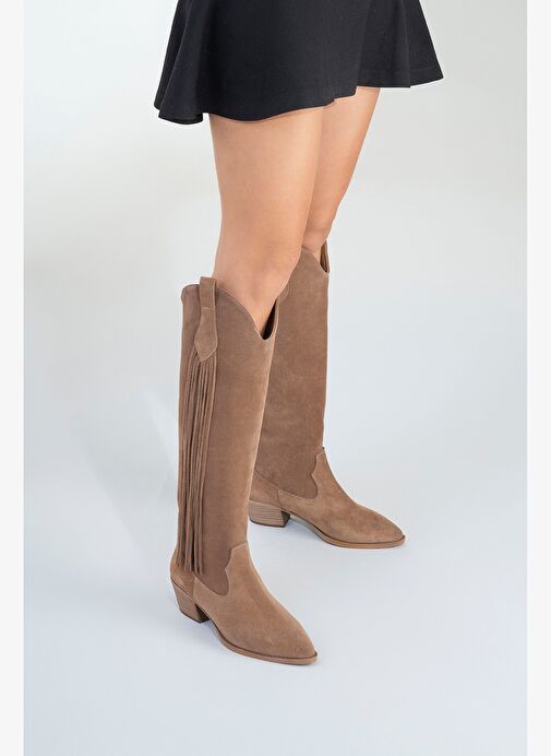 RİOS Toprak Hakiki Deri Süet Püsküllü Kadın Kalın Topuklu Çizme - Görsel 7