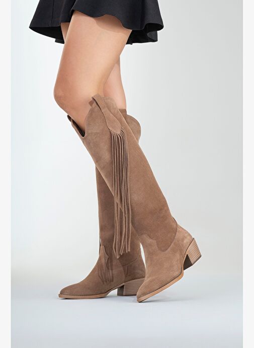 RİOS Toprak Hakiki Deri Süet Püsküllü Kadın Kalın Topuklu Çizme - Görsel 8