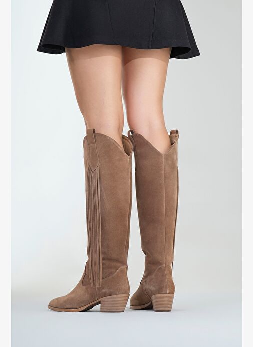 RİOS Toprak Hakiki Deri Süet Püsküllü Kadın Kalın Topuklu Çizme - Görsel 9