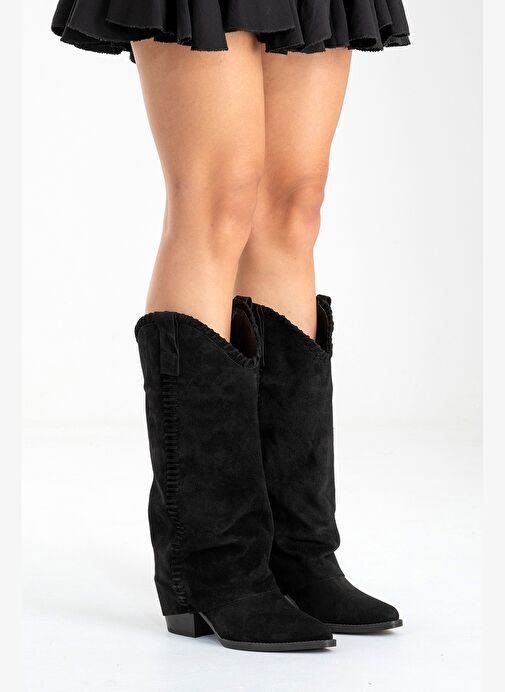 TYLER Siyah Süet Hakiki Deri Dikişli Kadın Western Çizme - Görsel 5