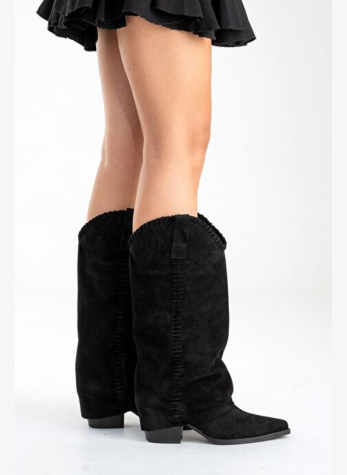 TYLER Siyah Süet Hakiki Deri Dikişli Kadın Western Çizme - Görsel 6