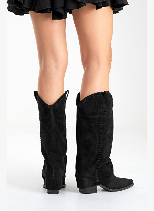 TYLER Siyah Süet Hakiki Deri Dikişli Kadın Western Çizme - Görsel 7