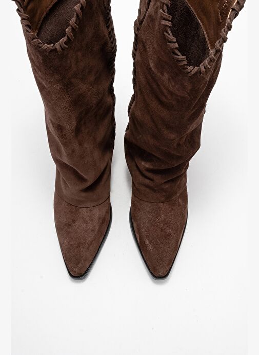 TYLER Kahverengi Süet Hakiki Deri Dikişli Kadın Western Çizme - Görsel 3