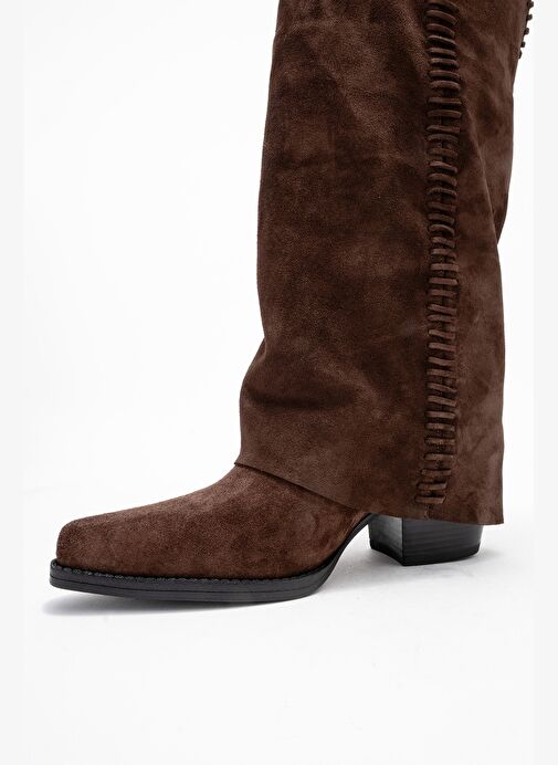 TYLER Kahverengi Süet Hakiki Deri Dikişli Kadın Western Çizme - Görsel 5