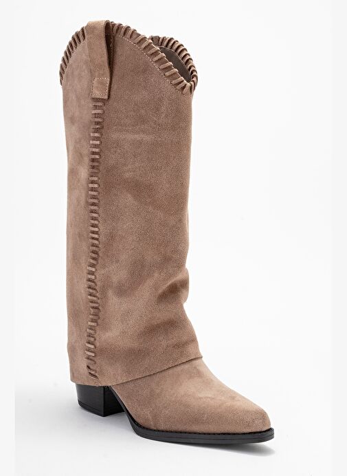 TYLER Toprak Süet Hakiki Deri Dikişli Kadın Western Çizme - Görsel 4