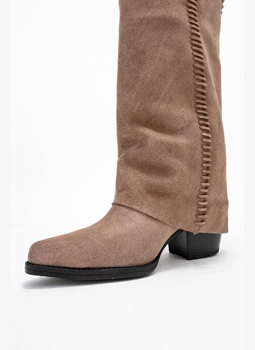 TYLER Toprak Süet Hakiki Deri Dikişli Kadın Western Çizme - Görsel 5