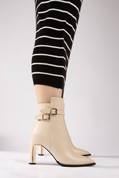 Nemesis Fermuarlı Topuklu Kadın Bot Bej - Görsel 2