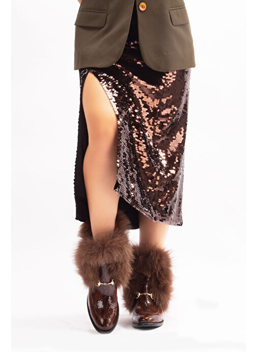 Reina Gerçek Deri Kadın Bot Taba Kroko Deri Kürklü - Görsel 8