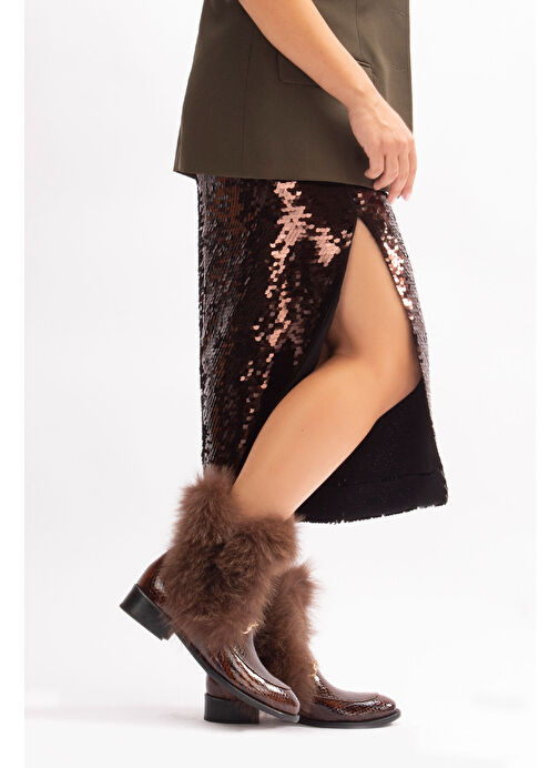 Reina Gerçek Deri Kadın Bot Taba Kroko Deri Kürklü - Görsel 2