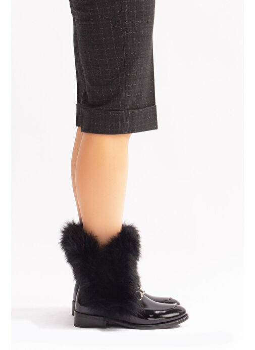 Reina Gerçek Deri Kadın Bot Siyah Rugan Deri Kürklü - Görsel 2