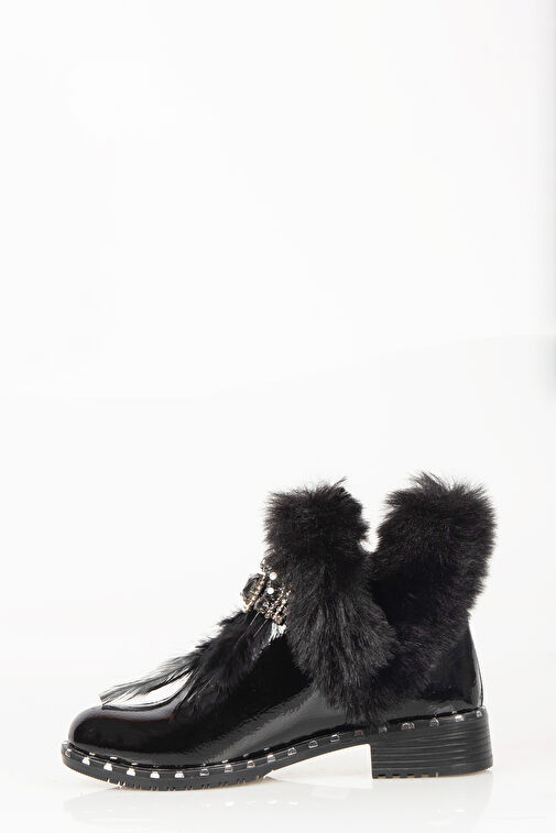 Suni Kürk Aksesuar Detaylı Kadın Bot Siyah Rugan - Görsel 6