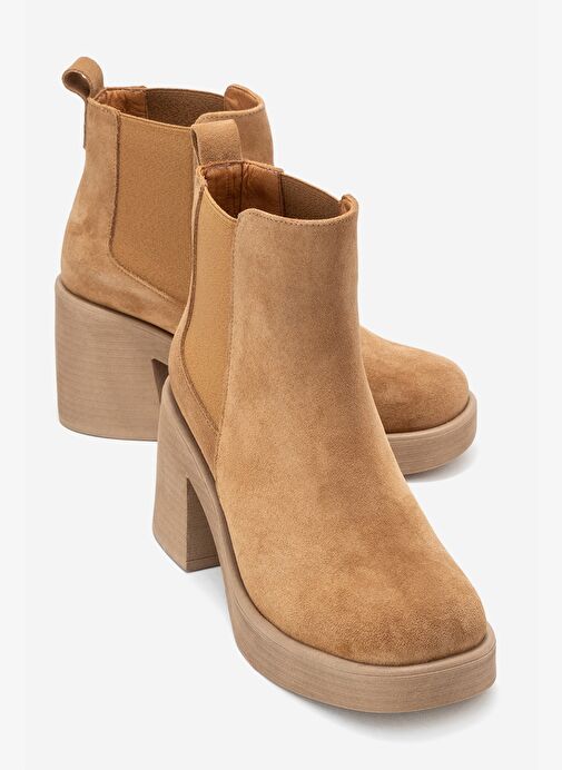 LYSA Taba Süet Lastikli Hakiki Deri Kadın Platform Topuklu Bot - Görsel 2