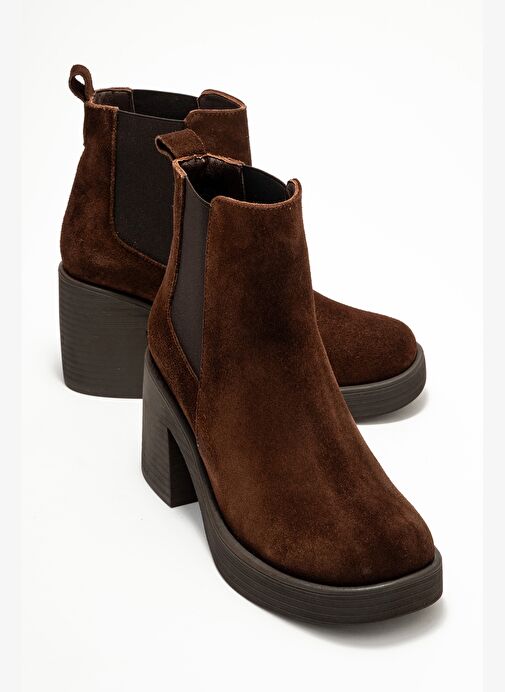 LYSA Kahverengi Süet Lastikli Hakiki Deri Kadın Platform Topuklu Bot - Görsel 2