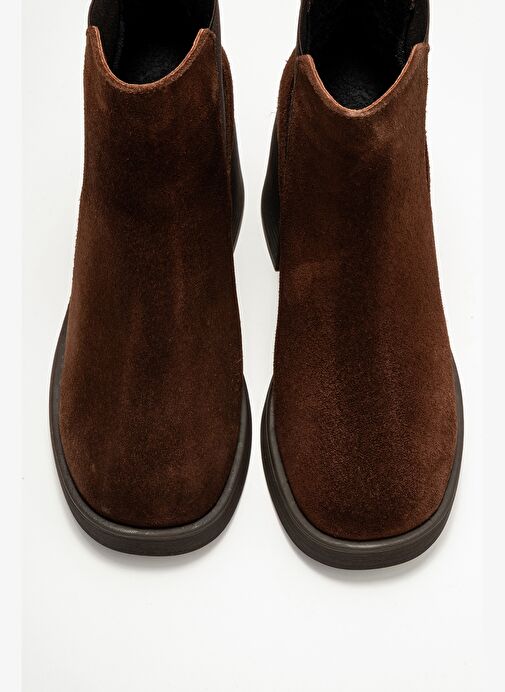 LYSA Kahverengi Süet Lastikli Hakiki Deri Kadın Platform Topuklu Bot - Görsel 3