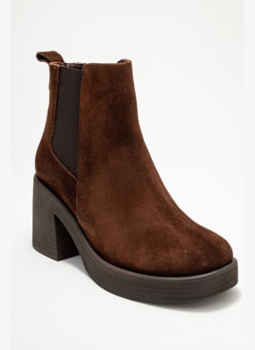 LYSA Kahverengi Süet Lastikli Hakiki Deri Kadın Platform Topuklu Bot - Görsel 4