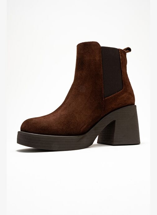 LYSA Kahverengi Süet Lastikli Hakiki Deri Kadın Platform Topuklu Bot - Görsel 5