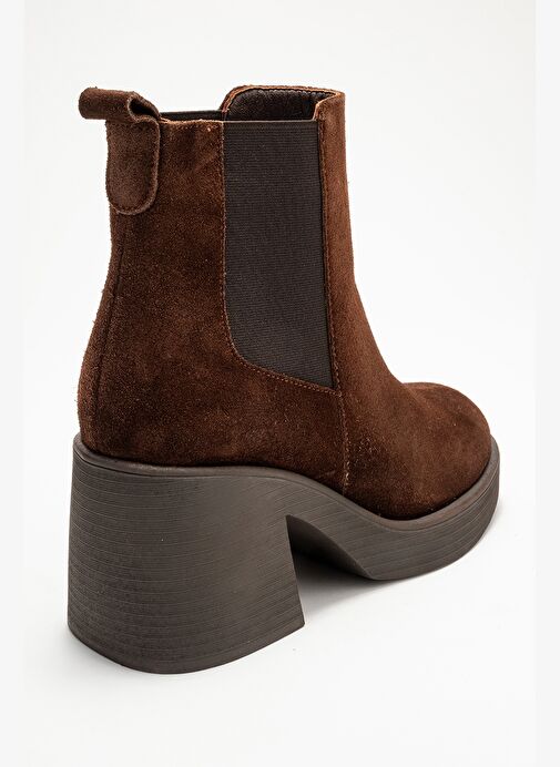LYSA Kahverengi Süet Lastikli Hakiki Deri Kadın Platform Topuklu Bot - Görsel 6