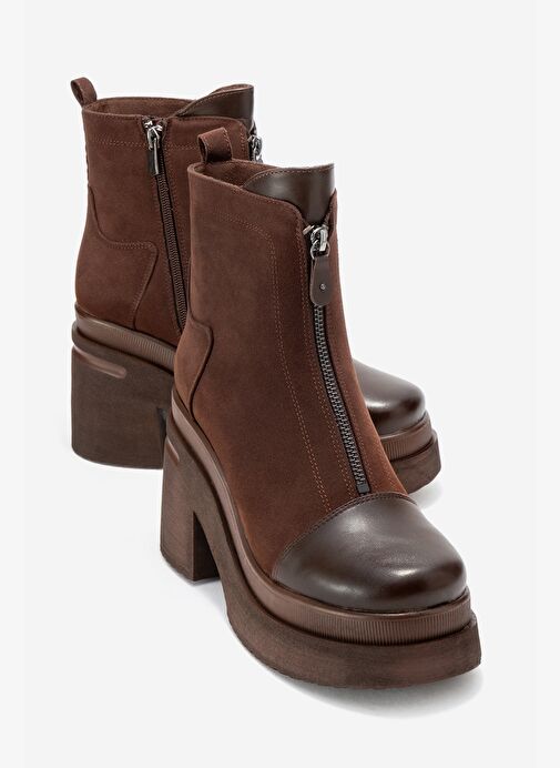 ANETT Kahverengi Cilt-Süet Fermuarlı Kadın Platform Topuklu Bot - Görsel 2