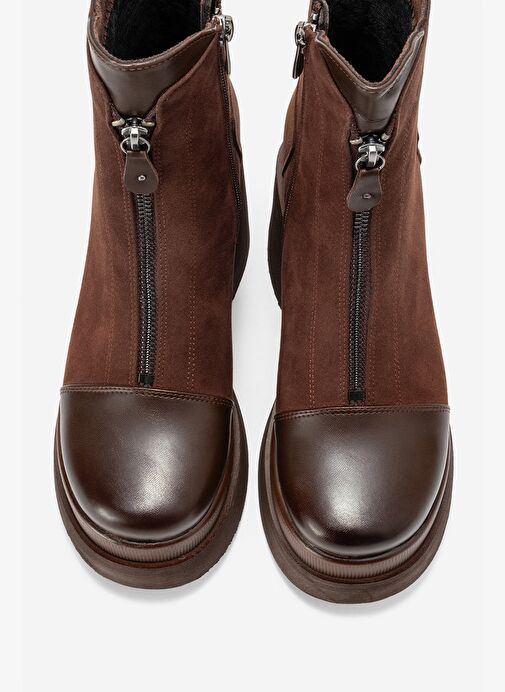 ANETT Kahverengi Cilt-Süet Fermuarlı Kadın Platform Topuklu Bot - Görsel 3