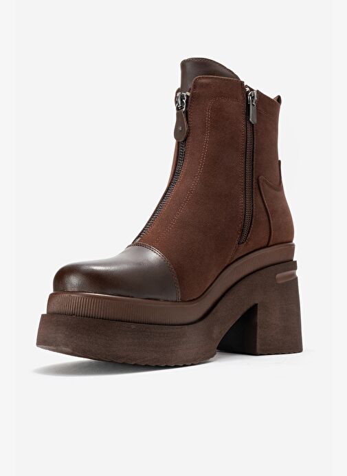 ANETT Kahverengi Cilt-Süet Fermuarlı Kadın Platform Topuklu Bot - Görsel 5