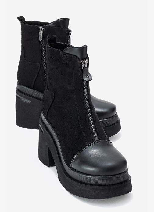 ANETT Siyah Cilt-Süet Fermuarlı Kadın Platform Topuklu Bot - Görsel 2