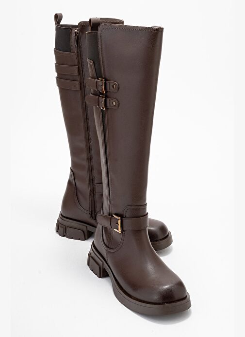 SIA Kahverengi Cilt Kemerli Streç Detaylı Kadın Düz Çizme - Görsel 2