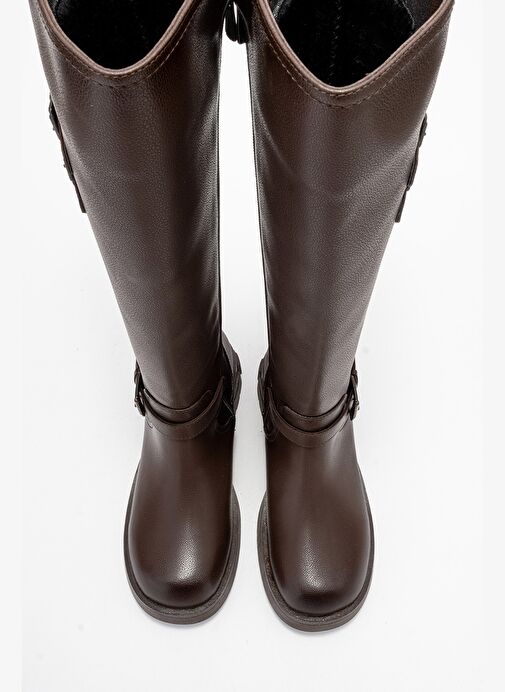 SIA Kahverengi Cilt Kemerli Streç Detaylı Kadın Düz Çizme - Görsel 3