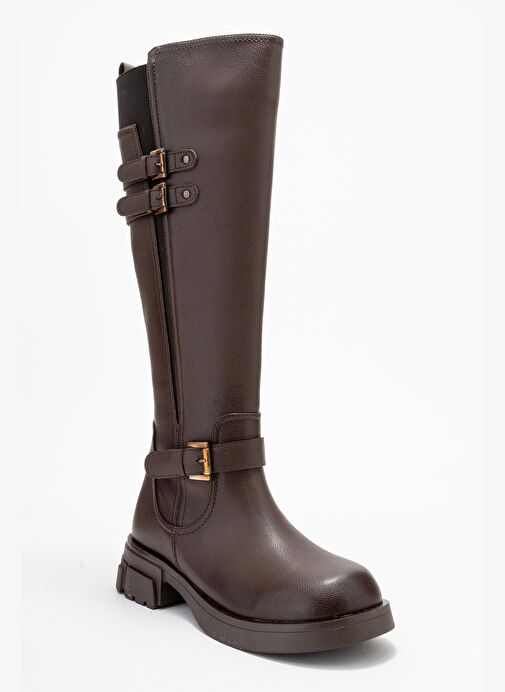 SIA Kahverengi Cilt Kemerli Streç Detaylı Kadın Düz Çizme - Görsel 4