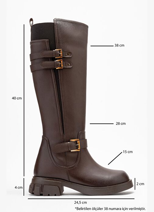 SIA Kahverengi Cilt Kemerli Streç Detaylı Kadın Düz Çizme - Görsel 7