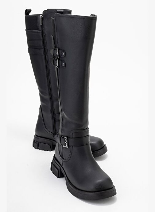 SIA Siyah Cilt Kemerli Streç Detaylı Kadın Düz Çizme - Görsel 2