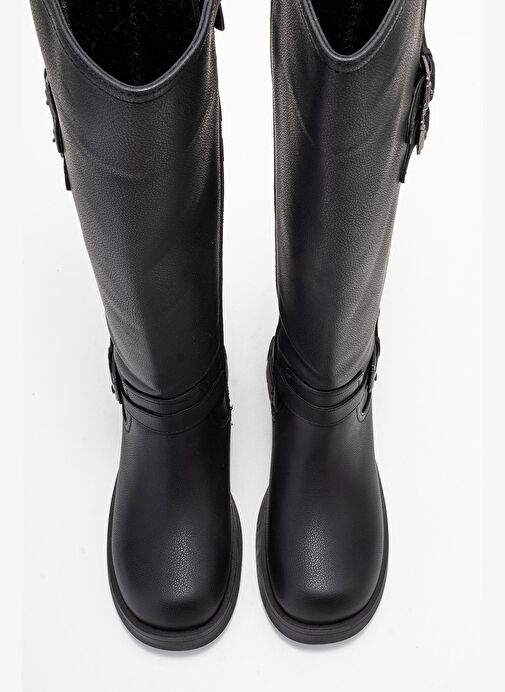 SIA Siyah Cilt Kemerli Streç Detaylı Kadın Düz Çizme - Görsel 3