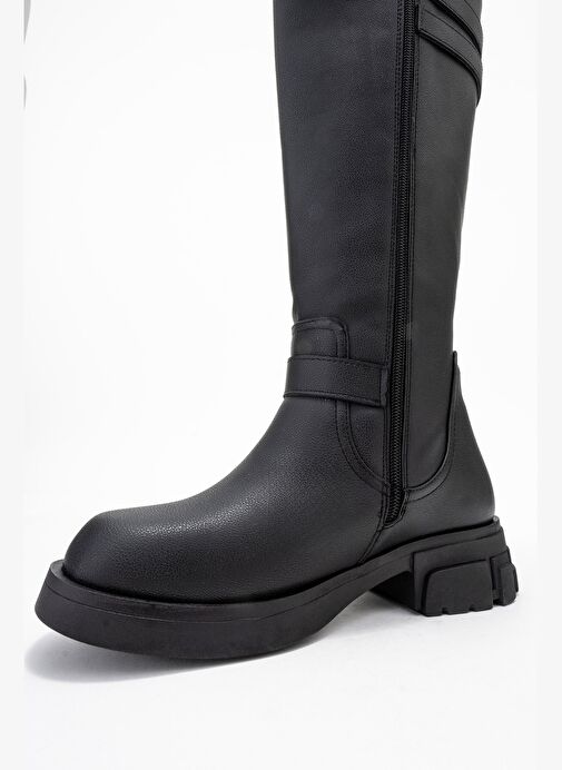 SIA Siyah Cilt Kemerli Streç Detaylı Kadın Düz Çizme - Görsel 5
