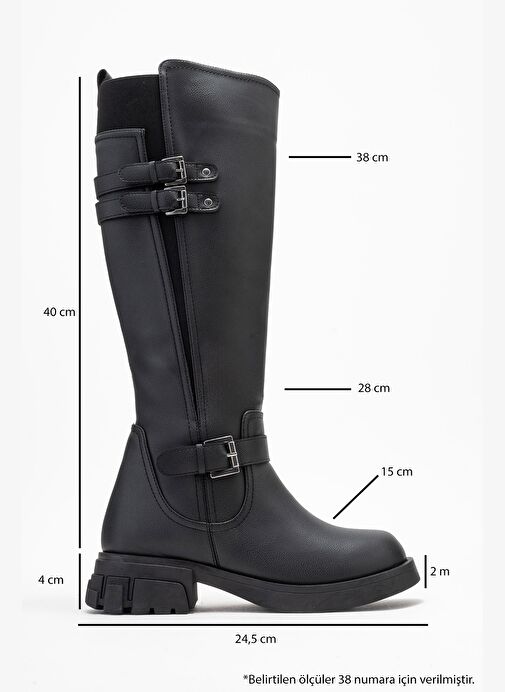 SIA Siyah Cilt Kemerli Streç Detaylı Kadın Düz Çizme - Görsel 7