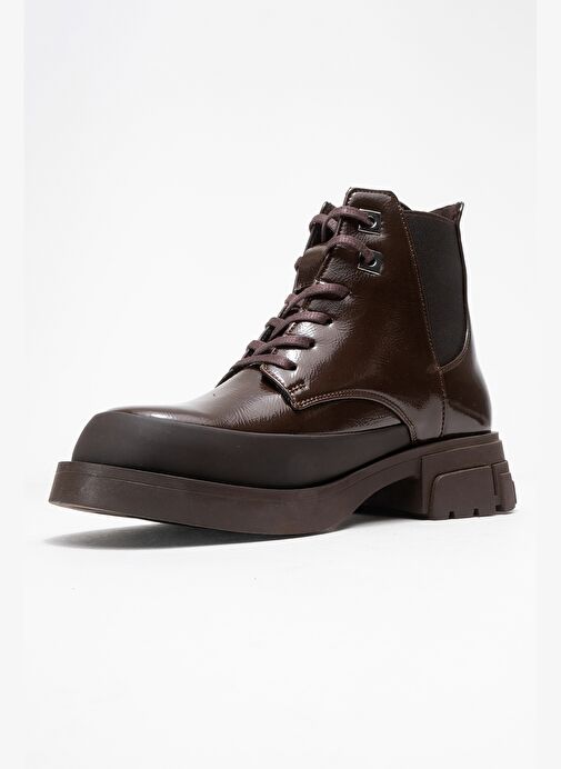 CHALLO Kahverengi Rugan Bağcıklı Lastikli Kadın Postal Bot - Görsel 5