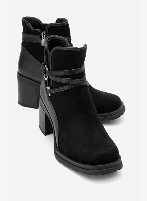 WERN Siyah Süet Kemerli Toka Detaylı Kadın Kalın Topuklu Bot - Görsel 2
