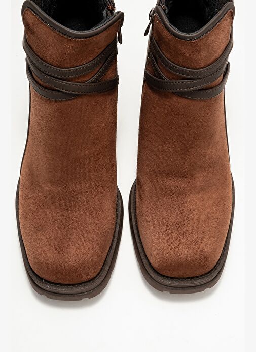 WERN Kahverengi Süet Kemerli Toka Detaylı Kadın Kalın Topuklu Bot - Görsel 3