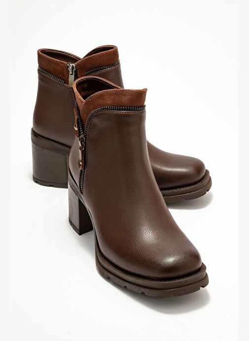 PARLY Kahverengi Cilt Fermuar Detaylı Kadın Kalın Topuklu Bot - Görsel 2