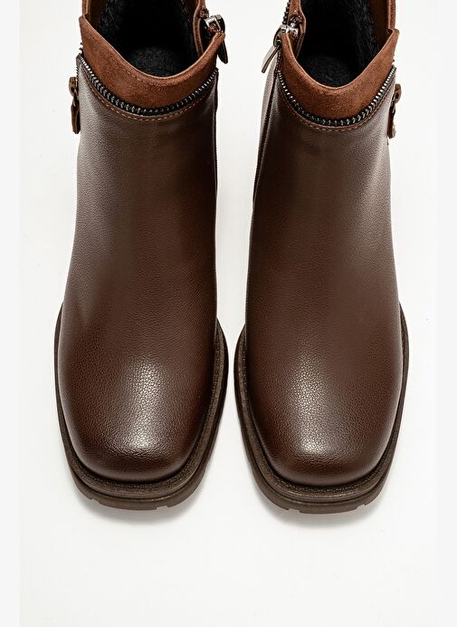 PARLY Kahverengi Cilt Fermuar Detaylı Kadın Kalın Topuklu Bot - Görsel 3