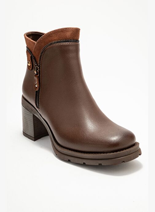 PARLY Kahverengi Cilt Fermuar Detaylı Kadın Kalın Topuklu Bot - Görsel 4