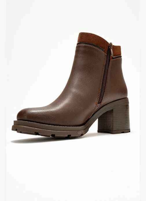 PARLY Kahverengi Cilt Fermuar Detaylı Kadın Kalın Topuklu Bot - Görsel 5