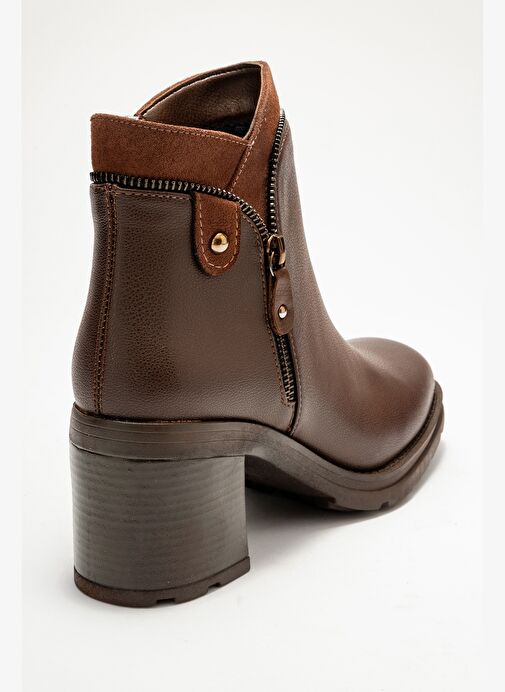 PARLY Kahverengi Cilt Fermuar Detaylı Kadın Kalın Topuklu Bot - Görsel 6