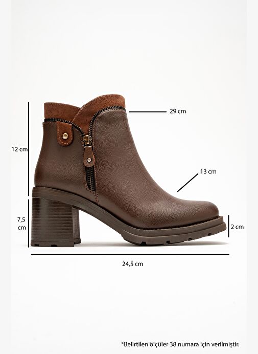 PARLY Kahverengi Cilt Fermuar Detaylı Kadın Kalın Topuklu Bot - Görsel 7