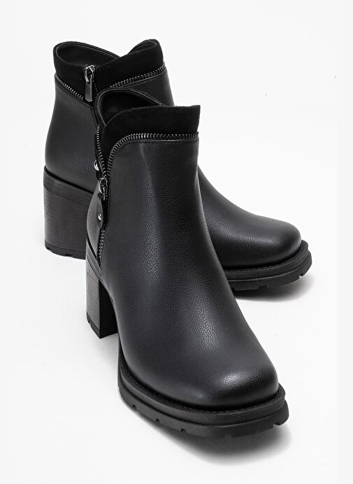 PARLY Siyah Cilt Fermuar Detaylı Kadın Kalın Topuklu Bot - Görsel 2