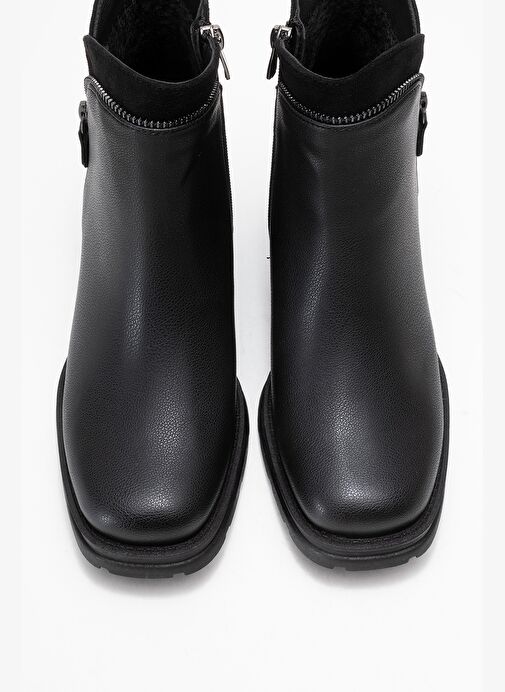 PARLY Siyah Cilt Fermuar Detaylı Kadın Kalın Topuklu Bot - Görsel 3
