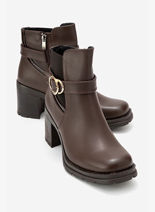 HEİLE Kahverengi Cilt Tokalı Kadın Kalın Topuklu Bot - Görsel 2